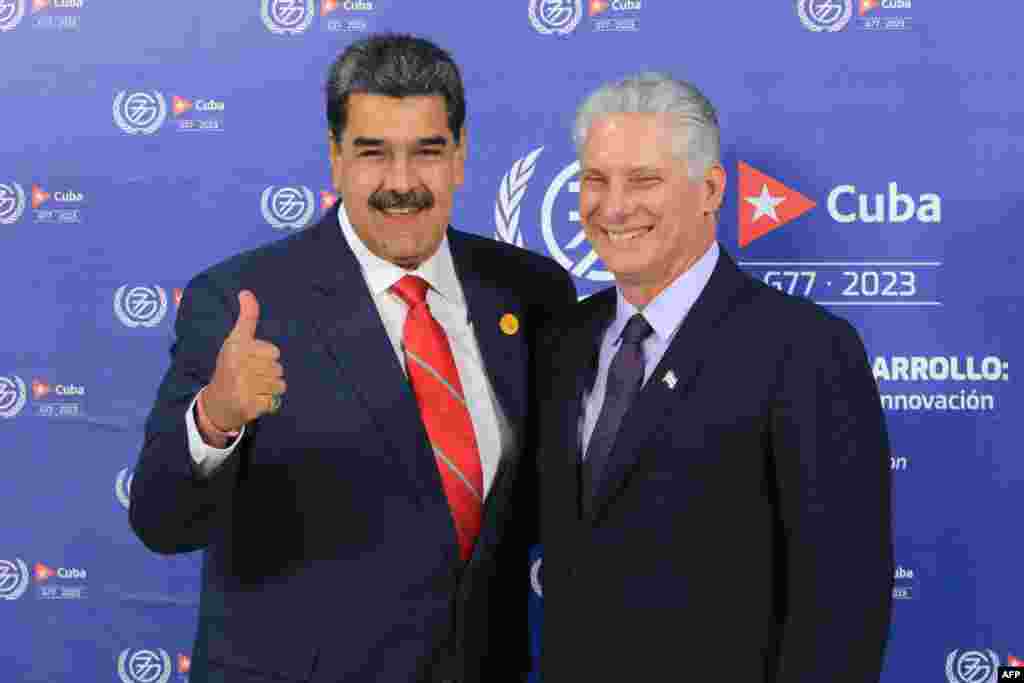 Nicolás Maduro (i), siendo recibido por Miguel Díaz Canel, a su llegada al Centro de Convenciones de La Habana el 15 de septiembre de 2023.&nbsp;AFP PHOTO / VENEZUELAN PRESIDENCY /ZURIMAR CAMPOS