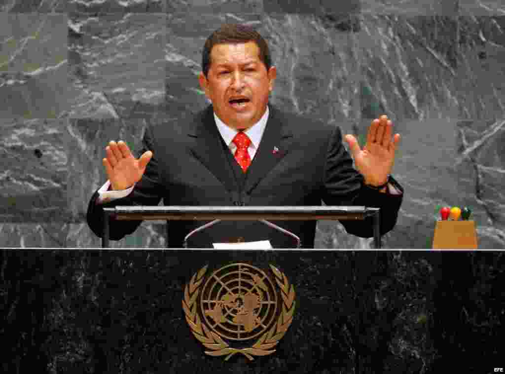 Hugo Chavez ante la 61 Asamblea General de Naciones Unidas en la sede de Naciones Unidas en Nueva York, Estados Unidos. 