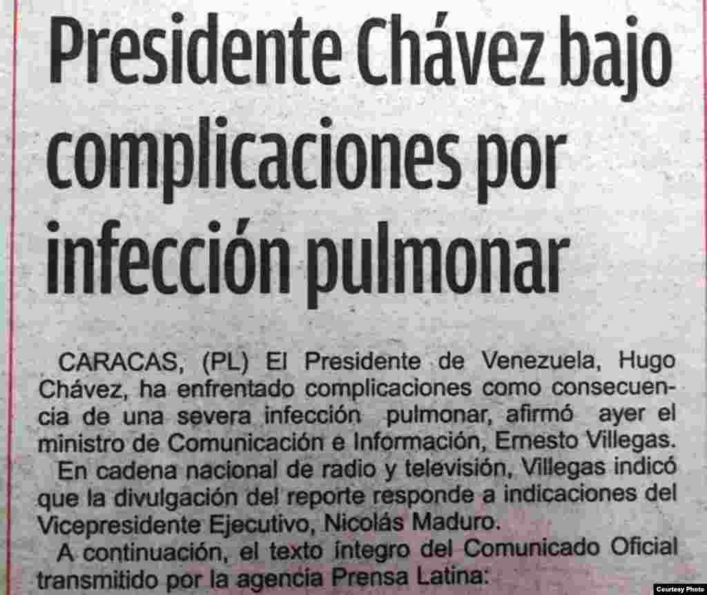 Ya el día 4 de enero el Granma informaba que de una situación estable Chávez se había complicado con una infección pulmonar. (foto del autor)