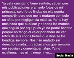 La desgarradora nota publicada el sábado por la madre de Paloma en Instagram.